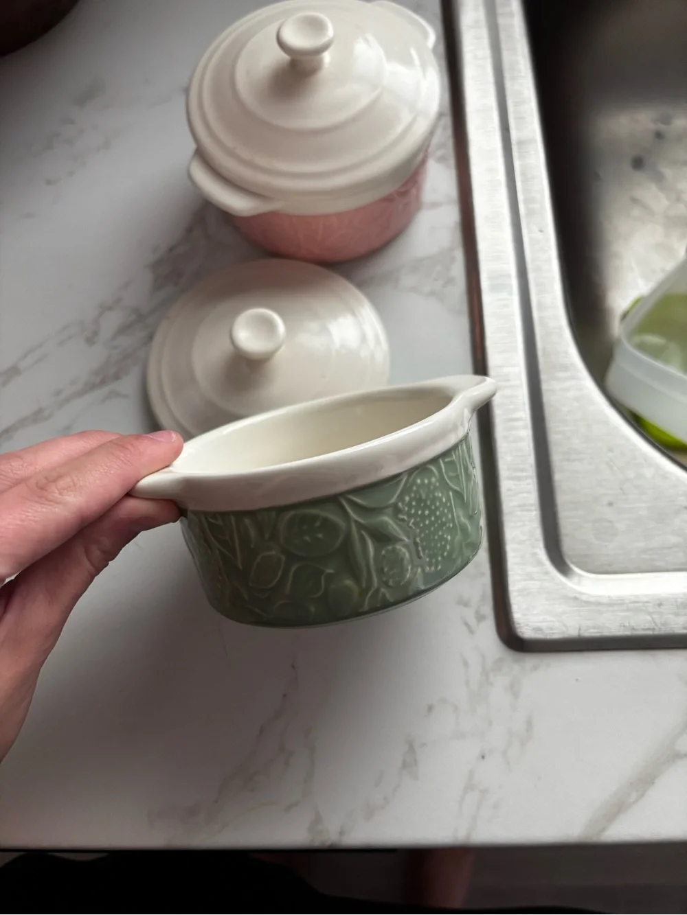 Pink Ceramic Covered Dish with Cream Lid - Decorative Kitchen Accent